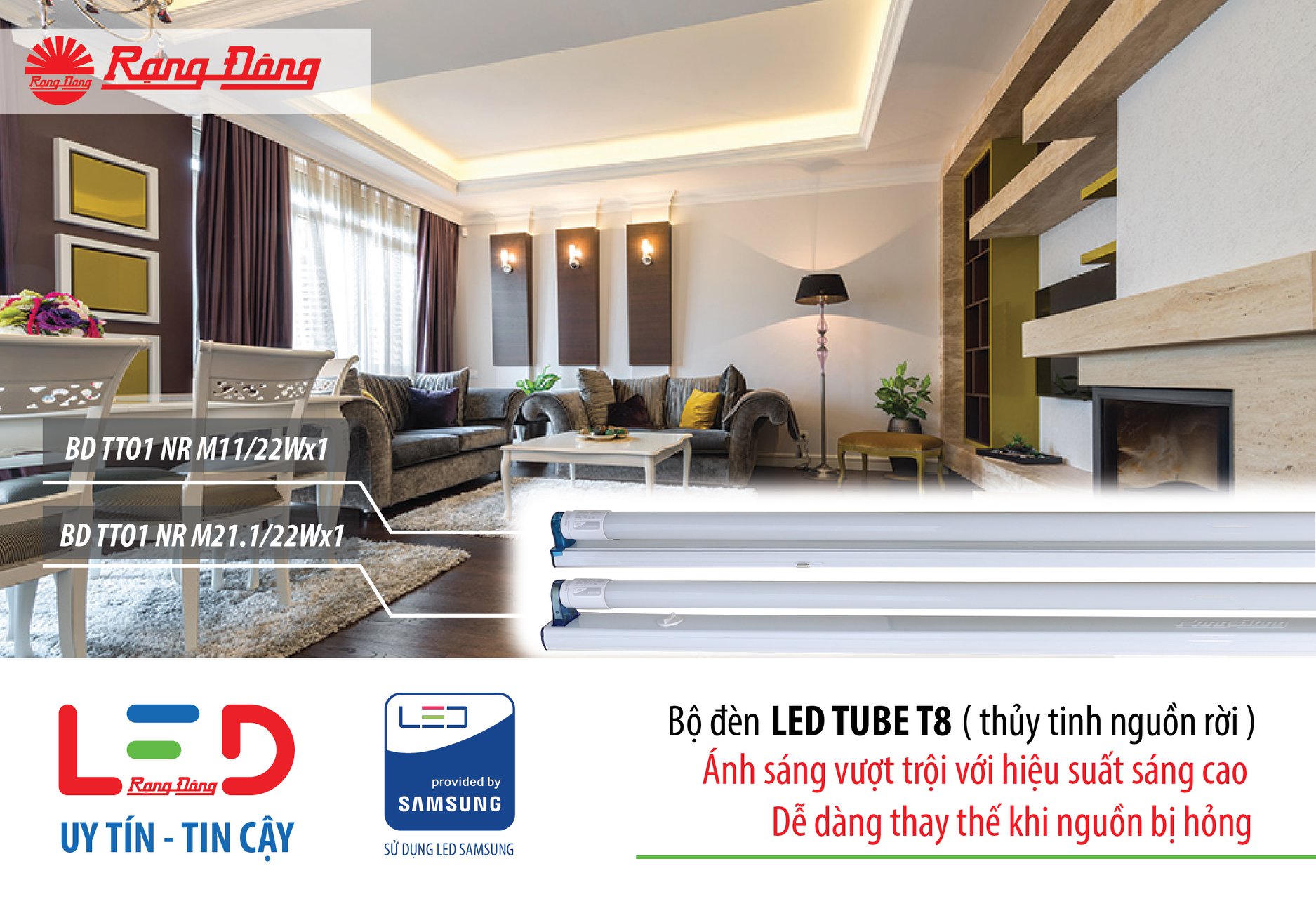 Bộ đèn Led Tube thủy tinh nguồn rời – dễ dàng thay thế khi nguồn hỏng